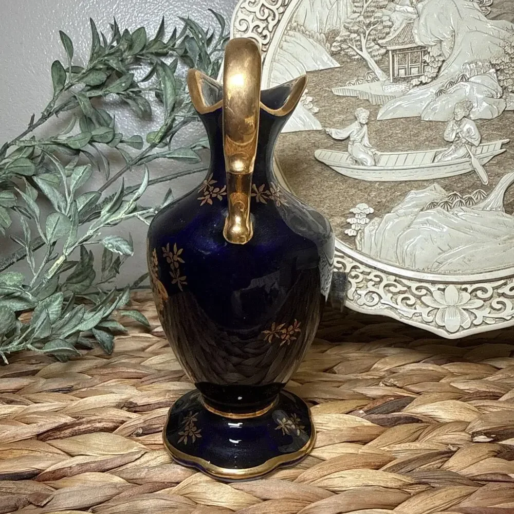 Limoges Castel France Cobalt Blue Gold Gilt Mini Ewer Pitcher 6” Porcelain